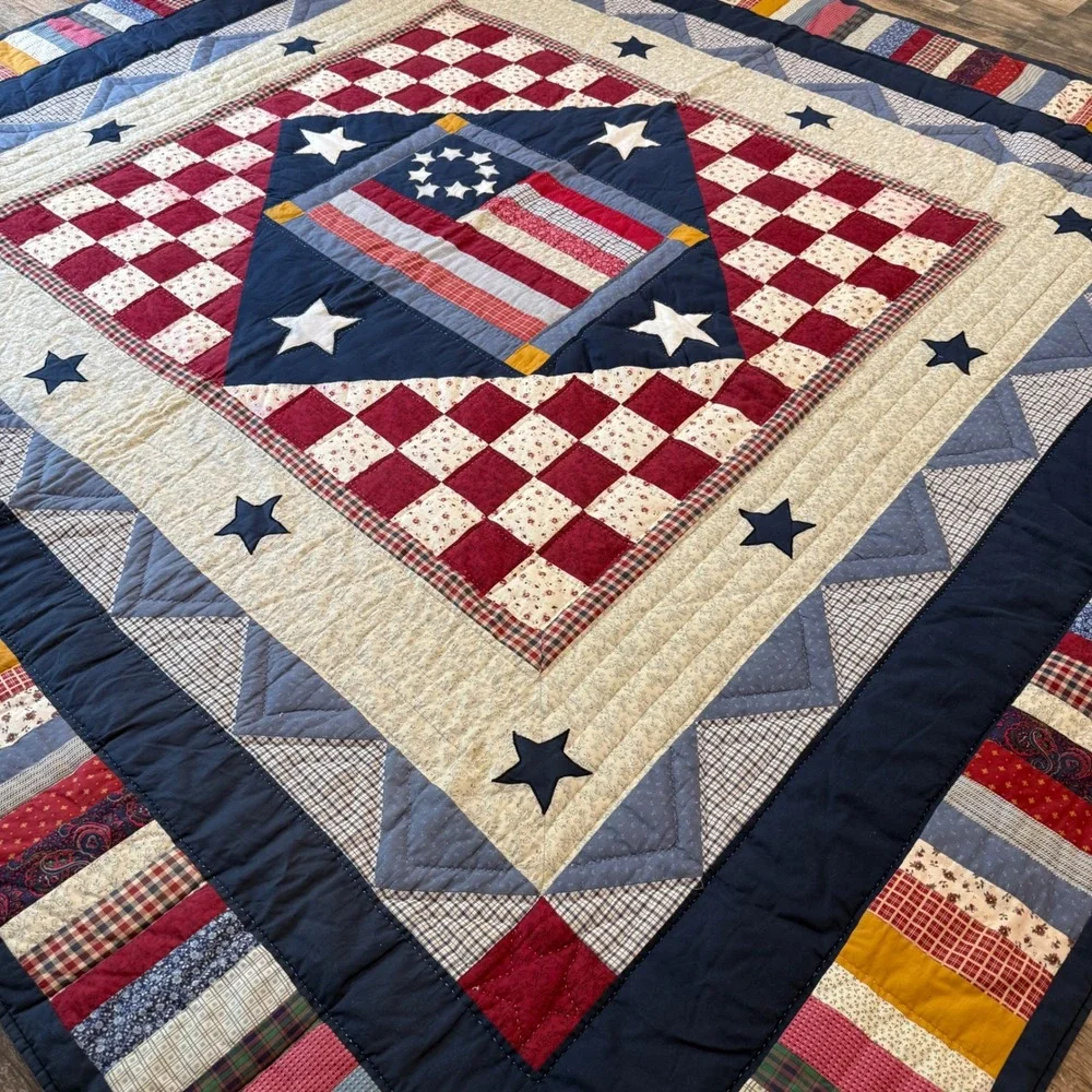 Handmade Americana Patchwork Quilt Betsy Ross Flag Queen 98x88 Red White Blue